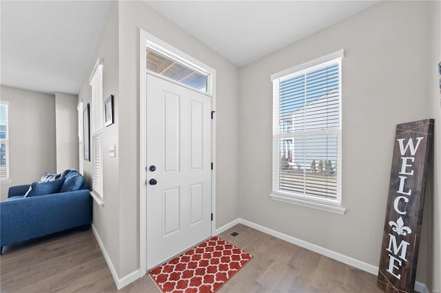 entrance foyer featuring a wealth of natural light, baseboards, and wood finished floors