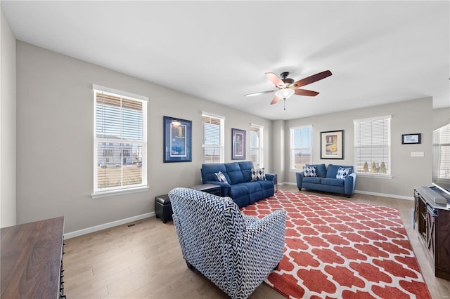 living room with baseboards, visible vents, a wealth of natural light, and wood finished floors