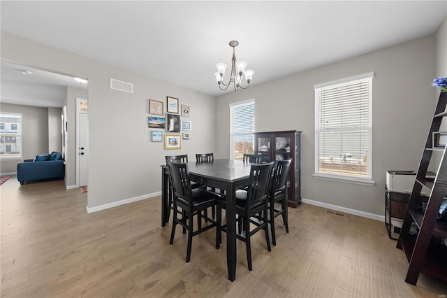 dining room featuring a chandelier, visible vents, light wood-style flooring, and baseboards