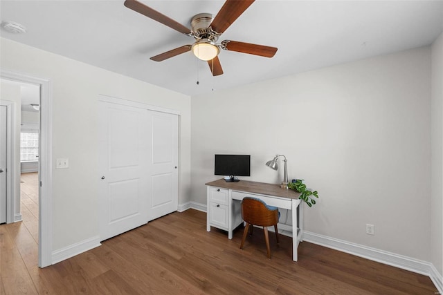 home office featuring ceiling fan, baseboards, and wood finished floors