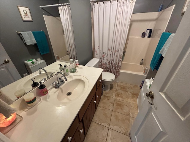 full bathroom featuring tile patterned flooring, vanity, toilet, and shower / tub combo with curtain