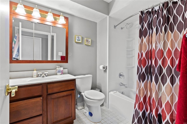 bathroom with shower / bath combination with curtain, tile patterned flooring, vanity, and toilet