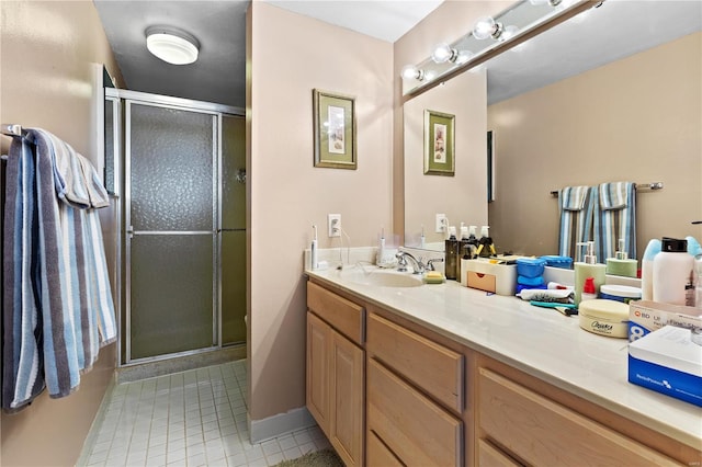 full bath with a stall shower, tile patterned flooring, and vanity