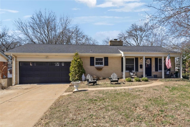 single story home featuring brick siding, an attached garage, a porch, a chimney, and driveway