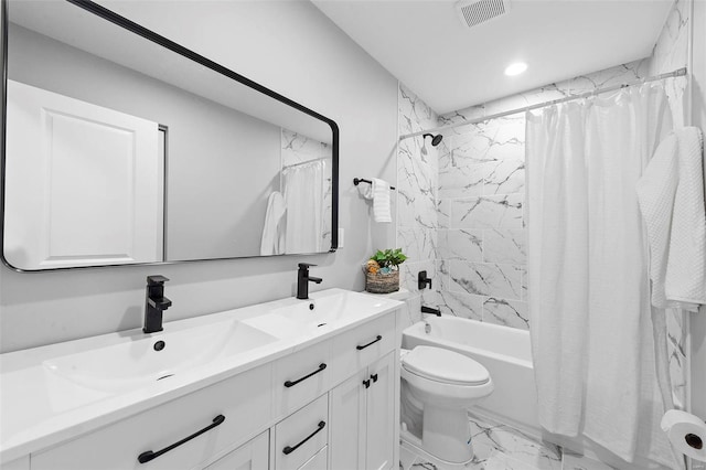 bathroom with visible vents, toilet, marble finish floor, shower / bathtub combination with curtain, and a sink