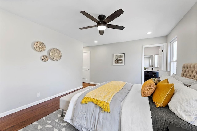 bedroom with a ceiling fan, recessed lighting, baseboards, and wood finished floors