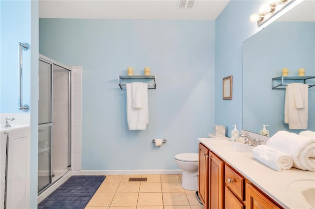 bathroom featuring tile patterned floors, a sink, visible vents, and a shower stall