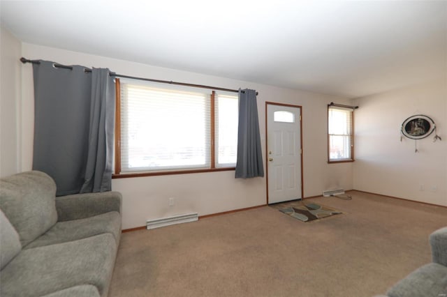 carpeted living room with a baseboard radiator