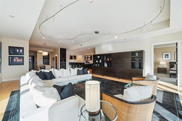 living area featuring track lighting, baseboards, wood finished floors, and recessed lighting