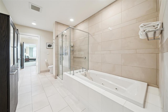 bathroom featuring a stall shower, visible vents, toilet, a jetted tub, and tile patterned flooring