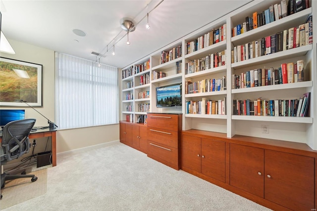 office space with track lighting and light colored carpet