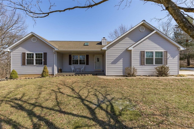 single story home with a porch, a chimney, and a front lawn