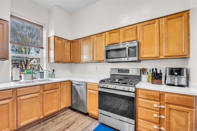 kitchen with a sink, light wood-type flooring, appliances with stainless steel finishes, and light countertops