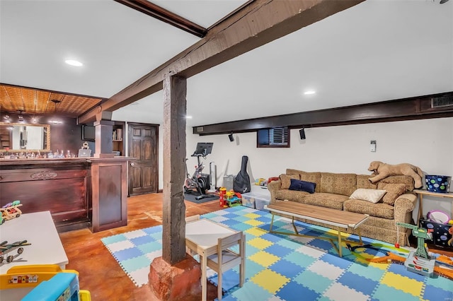 living room featuring recessed lighting, visible vents, beam ceiling, and light wood-style floors