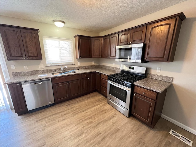 kitchen with light wood finished floors, visible vents, appliances with stainless steel finishes, dark brown cabinetry, and a sink