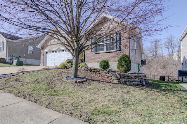 view of front of home featuring fence, central AC, concrete driveway, a garage, and brick siding