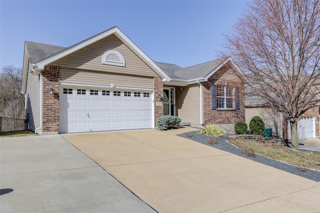 ranch-style home featuring a garage, brick siding, and concrete driveway