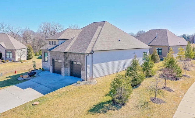 view of property exterior featuring roof with shingles, a lawn, an attached garage, stone siding, and driveway