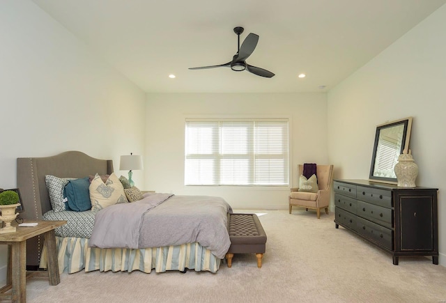 bedroom with carpet floors, a ceiling fan, and recessed lighting