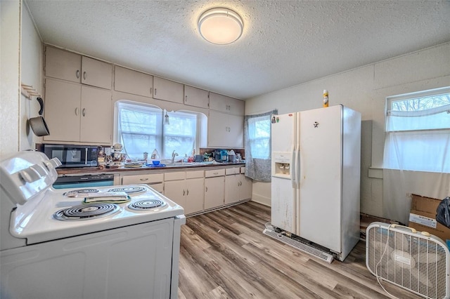 kitchen featuring a textured ceiling, white appliances, a sink, and light wood-style flooring