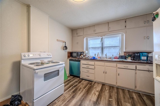 kitchen with white electric range oven, dishwasher, wood finished floors, a textured ceiling, and a sink