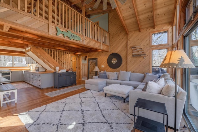 living room featuring beam ceiling, wood finished floors, a wealth of natural light, and wooden walls