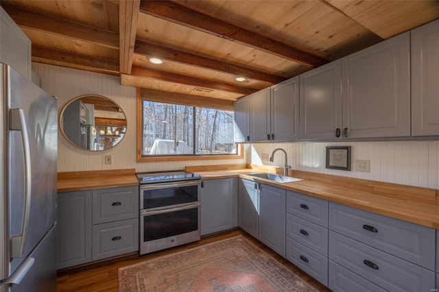 kitchen with stainless steel appliances, gray cabinets, wooden counters, wood ceiling, and a sink