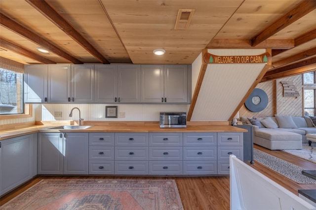 kitchen with visible vents, a sink, gray cabinetry, and stainless steel microwave