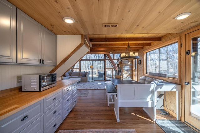 kitchen featuring dark wood-style flooring, stainless steel microwave, wooden ceiling, and a wealth of natural light