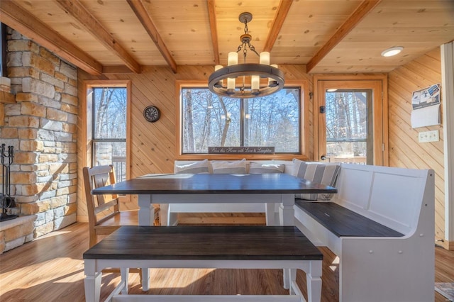 dining area featuring wood ceiling, plenty of natural light, and wood finished floors