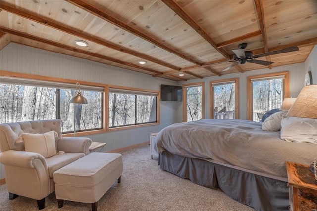 bedroom with wood ceiling, beam ceiling, carpet flooring, and multiple windows