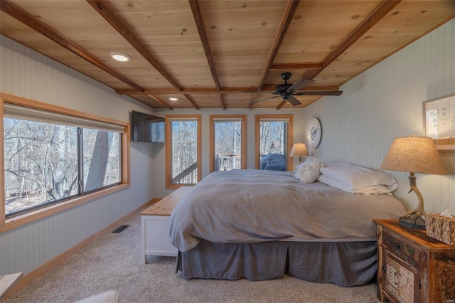 carpeted bedroom with wood ceiling, beamed ceiling, and visible vents