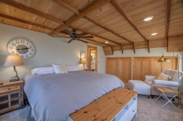 carpeted bedroom with recessed lighting, beam ceiling, and wooden ceiling