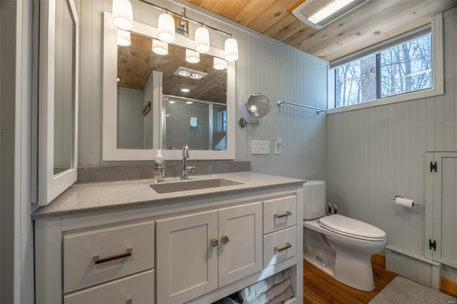 bathroom with toilet, a shower stall, wood finished floors, and vanity