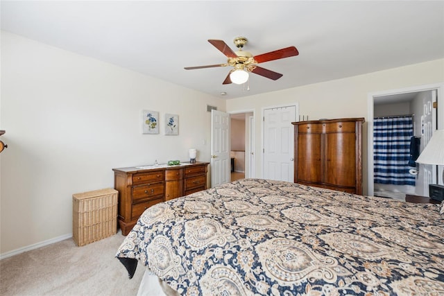 bedroom featuring light carpet, ceiling fan, visible vents, and baseboards