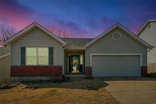 ranch-style house with a garage, concrete driveway, brick siding, and a shingled roof