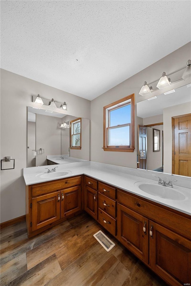 bathroom with a sink, visible vents, wood finished floors, and double vanity