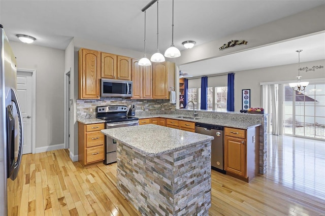 kitchen featuring decorative backsplash, appliances with stainless steel finishes, a peninsula, light wood-type flooring, and a sink