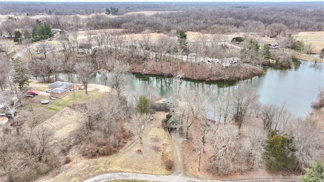 bird's eye view with a water view and a view of trees