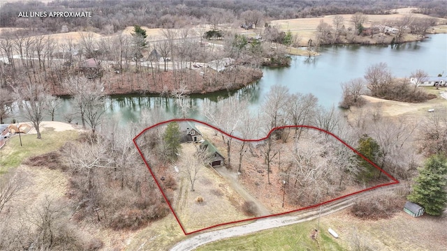 birds eye view of property featuring a water view