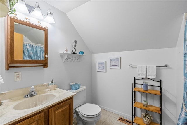 full bathroom with vaulted ceiling, toilet, vanity, and visible vents