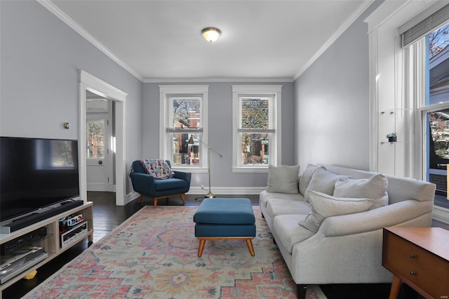 living area featuring ornamental molding, baseboards, and wood finished floors