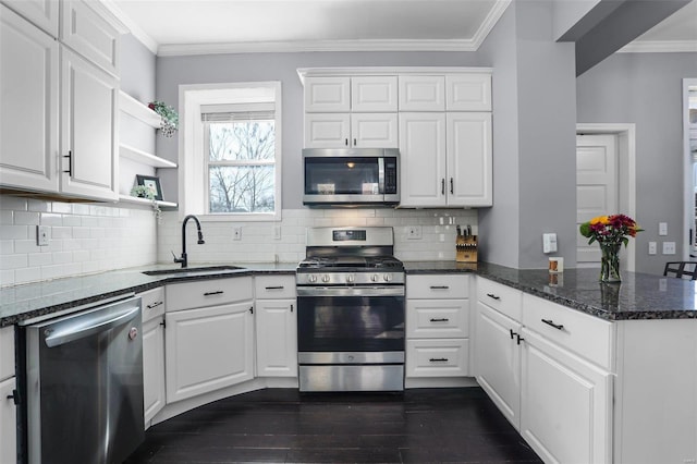 kitchen featuring a peninsula, crown molding, appliances with stainless steel finishes, and a sink