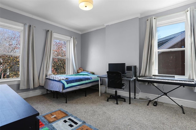 bedroom featuring carpet, baseboards, and crown molding