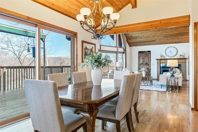 dining area with a notable chandelier, light wood-style floors, beamed ceiling, high vaulted ceiling, and wood ceiling