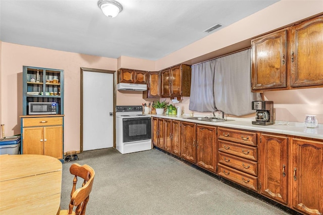 kitchen with under cabinet range hood, electric range, a sink, light countertops, and stainless steel microwave