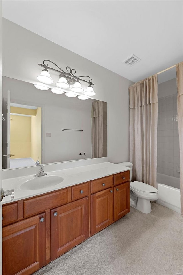 full bathroom with toilet, shower / tub combo, visible vents, and vanity