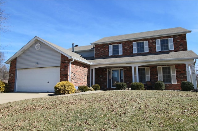 traditional home featuring driveway, brick siding, a front lawn, and an attached garage