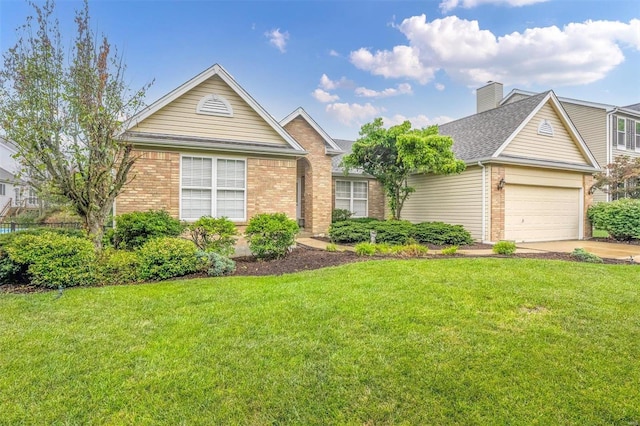 ranch-style home featuring brick siding, driveway, and a front lawn