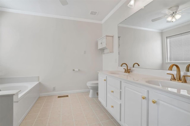 full bathroom featuring ceiling fan, crown molding, visible vents, and a sink